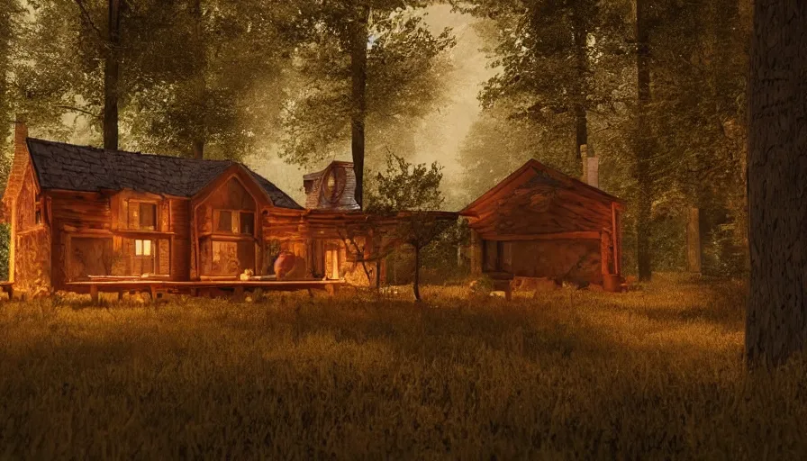 Prompt: a house in the woods made out of sausages, detailed, cinematic lighting,