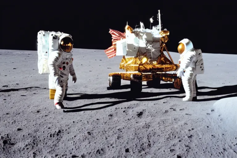 Image similar to ice cream truck on the moon, line of astronauts waiting