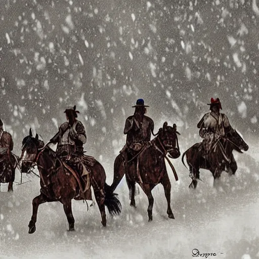 Image similar to digital art photograph savage plains indians on the warpath riding horses through a creek in a snow storm