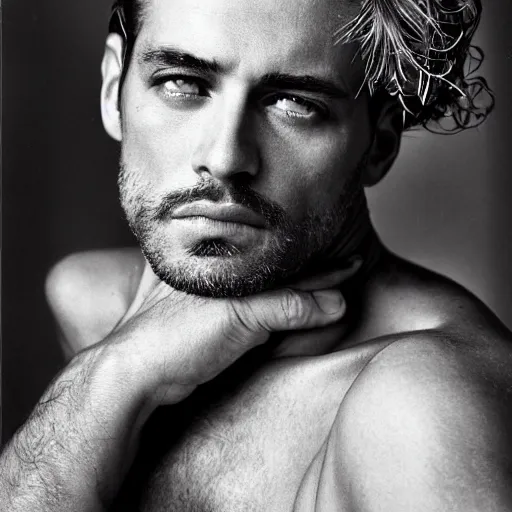 Prompt: a beautiful professional photograph by herb ritts and ellen von unwerth for vogue magazine of a handsome and rugged man looking at the camera with an ambiguous gaze, zeiss 5 0 mm f 1. 8 lens