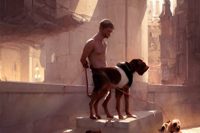 Image similar to a man tied to a pillar and jack russel terrier pissing on him, highly detailed, hyperrealistic digital painting, artstation, concept art, smooth, sharp focus, illustration, cinematic lighting, art by artgerm and greg rutkowski and alphonse mucha