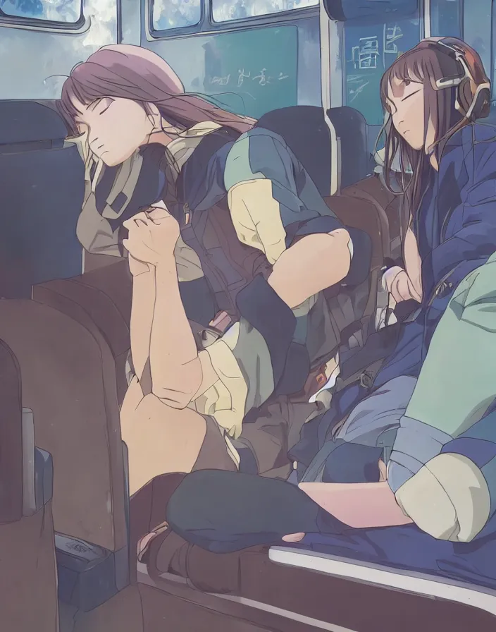 Image similar to an anime girl sleeping on a train ride through a golden cyberpunk city by studio ghibli, side-view close up shot, 8k