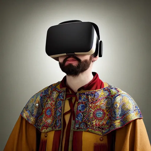 Image similar to Colour Caravaggio and Leonardo da Vinci style full body portrait Photography of Highly detailed Man wearing Ukrainian folk costume designed by Taras Shevchenko with 1000 years perfect face wearing highly detailed retrofuturistic VR headset designed by Josan Gonzalez. Many details In style of Josan Gonzalez and Mike Winkelmann and andgreg rutkowski and alphonse muchaand and Caspar David Friedrich and Stephen Hickman and James Gurney and Hiromasa Ogura. Rendered in Blender and Octane Render volumetric natural light