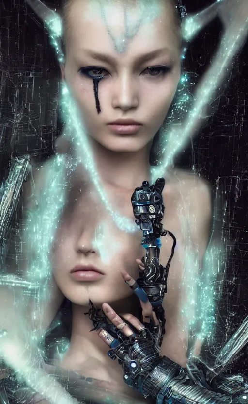 Image similar to hyperrealistic futuristic high fashion photography, girl in studio, full body, cybernetic parts by luis royo, asian, vogue magazine, nomad masterpiece, nano parts, neon lights, smoke, eerie music, beautiful intricate face and flawless skin, tribal jewelry, tattoos, perfect hands, head piece, by Edgar Maxence and Ross Tran and Michael Whelan, 8k, octane render