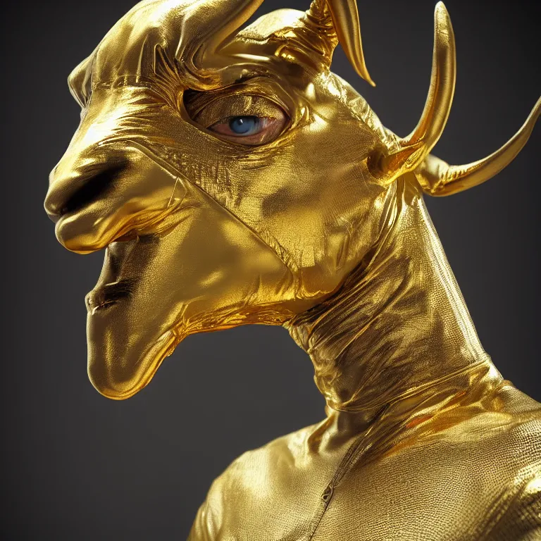 Image similar to octane render portrait by national geographic and wayne barlow and carlo crivelli and glenn fabry, a goat - headed evil demon wearing a tight iridescent silver latex suit, covered in liquid gold, cinema 4 d, ray traced lighting, very short depth of field, bokeh