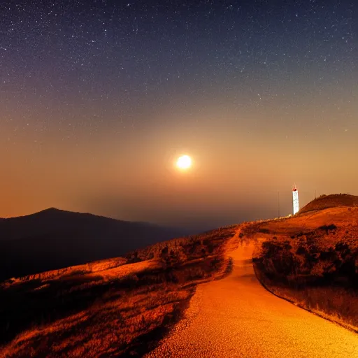 Image similar to Landscape of mountain at night with radio tower on top. Mist is covering the mountain. Yellow moon is behind radio tower.