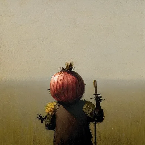 Prompt: onion man by Jakub Rozalski, oil painting on canvas, smug onion head