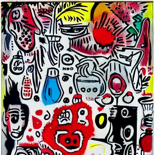 Prompt: “berries, diamonds, pigs, weeds, bagels, pig, strawberries, blueberries, raspberries, crystals, plants, scientific glassware, Acrylic and spray paint and oilstick on canvas, pastel, by ghibli and Jean-Michel Basquiat”