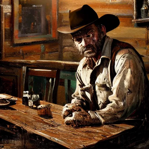 Prompt: modern stylized oil painting portrait of wrinkled and rugged cowboy, dirty and muddy with worker clothes at table with bottle in western saloon, 1890, masterpiece, realistic and detailed, artstation, interesting artificial spotlight lightning, cinematic, dramatic