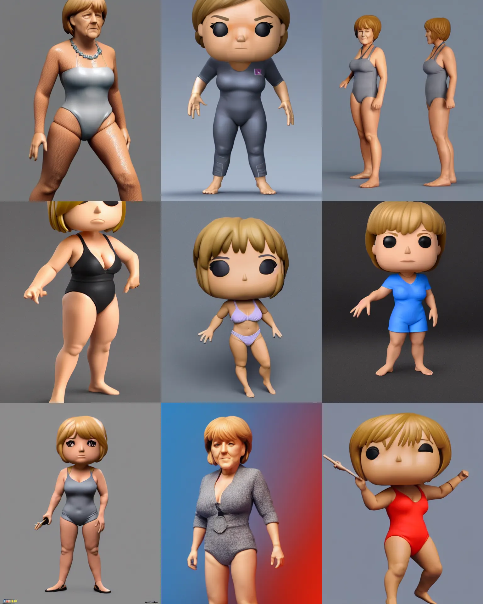 Prompt: full body 3 d render of angela merkel as a funko pop!, swim suit outfit, studio lighting, grey background, single body, no shadow, blender, trending on artstation, 8 k, highly detailed