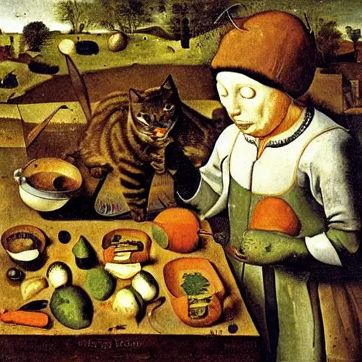 Image similar to the cat cooks soup, stirring a pot with a ladle and cutting vegetables, oil painting, drawn by Bruegel