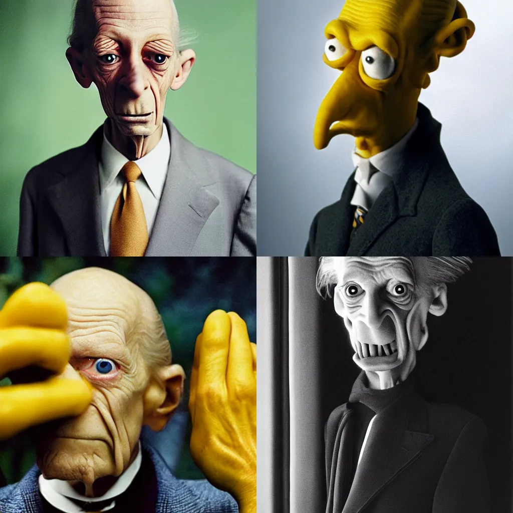 Prompt: Candid portrait photograph of Mr Burns from the Simpsons, taken by Annie Leibovitz
