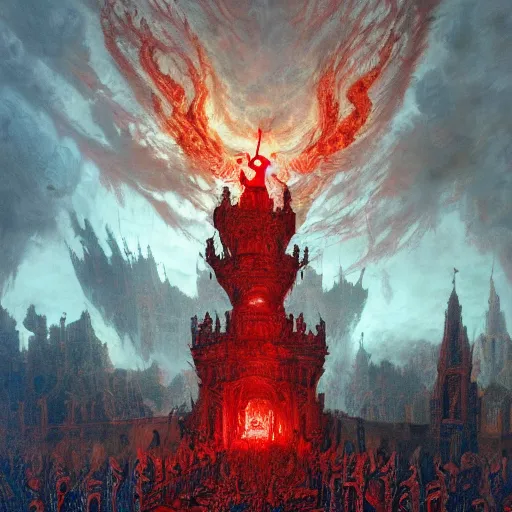 Prompt: the holy castle of Hades, hellish, bright in fury, red and blue, with demon statues, hyperdetailed, artstation trending, world renowned artists, worth1000.com, historic artworks society, antique renewel, cgsociety, by greg rutkowski, by Gustave Dore, Deviantart