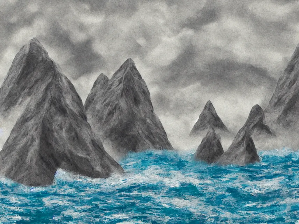 Prompt: two mountains standing on muscly legs wrestling with each other in the middle of the ocean, dramatic cross hatching, oil painting 3d rendering