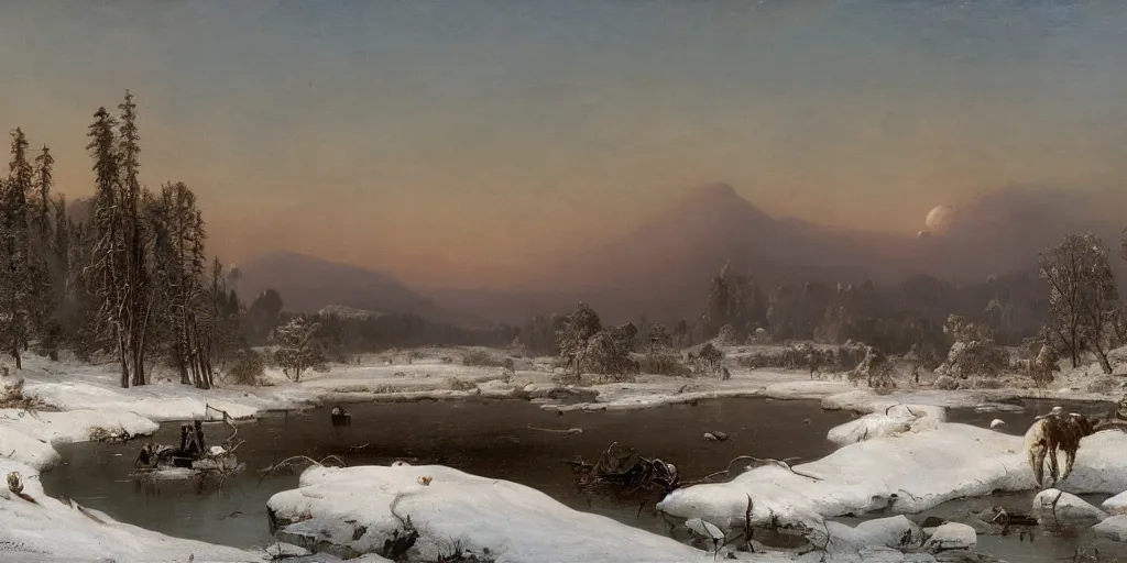 Prompt: winter landscape with a giant monster spider, faint sunrise, lush field, forest, frozen river, matte painting, by Isaac Levitan and Asher Brown Durand