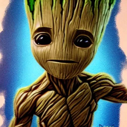 Prompt: a baby groot portrait in the style of drew struzan