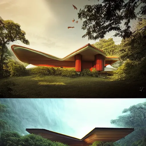 Image similar to modernist house inspired by a tibetan palace between big trees, yellow clouds, dramatic lighting, artstation, matte painting, raphael lacoste, simon stalenhag, frank lloyd wright, zaha hadid