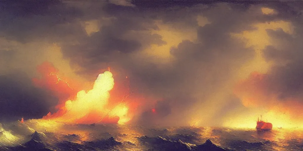 Image similar to a painting of a ship in a lightning storm on fire, struck by lightning, by ivan aivazovsky