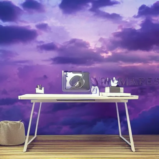 Image similar to realistic panting of a desk on a purple field blue clouds highly detailed trending on art station