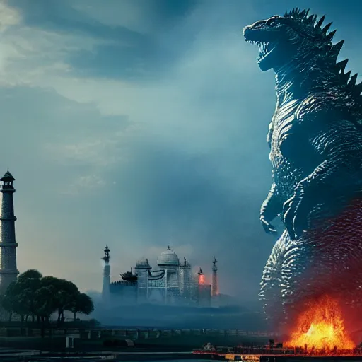 Image similar to godzilla near taj mahal, majestic, breathtaking, film still from godzilla king of monsters, 8 k, unreal engine 5 rendering, hyper realistic, global illumination, radiant lighting, clear image