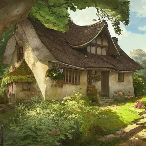 Image similar to concept art painting of an english cottage with japanese influence, in the woods, cozy, realistic, detailed, cel shaded, in the style of makoto shinkai and greg rutkowski and james gurney