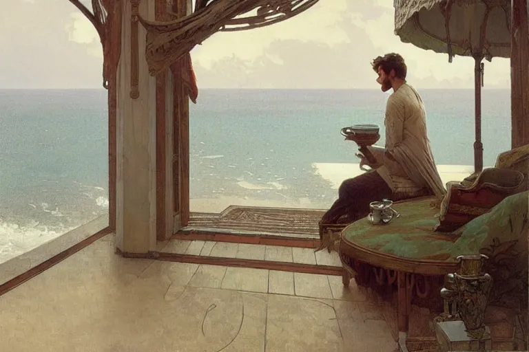 Prompt: a matte painting of a man sitting down and having a cup of tea in his house by the beach, by greg rutkowski, alphonse mucha, muted colors