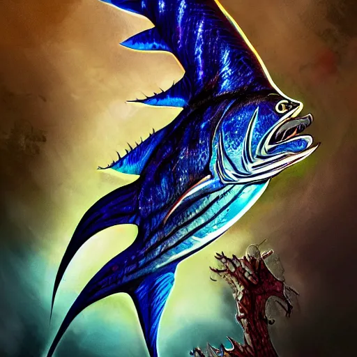 Image similar to zombified tribal sailfish, trending on artstation, ultra fine detailed, hyper detailed, hd, concept art, digital painting