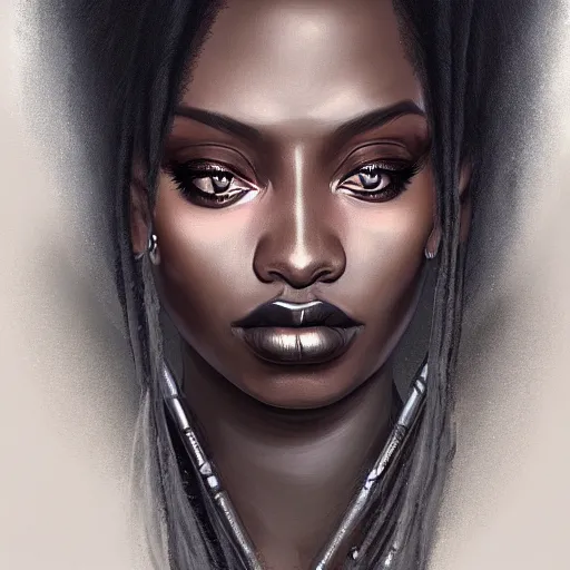 Image similar to a detailed matte oil on canvas head on symmetrical portrait of black skinned woman with long white hair, clothed by charlie bowater, lise deharme, wlop, trending on artstationhd, dungeons and dragons art critical role