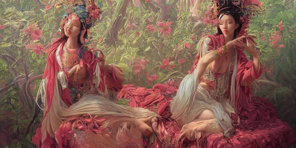 Image similar to breathtaking detailed concept art painting of the goddess of flamingo, orthodox saint, with anxious, piercing eyes, ornate background, amalgamation of leaves and flowers, by Hsiao-Ron Cheng and John James Audubon, extremely moody lighting, 8K