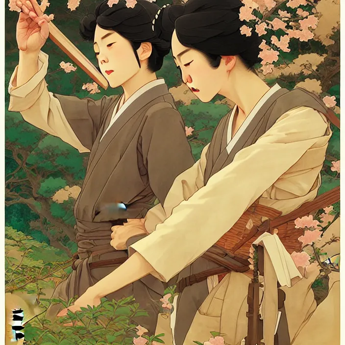 Image similar to japanese countryside, in the style of studio ghibli, j. c. leyendecker, greg rutkowski, artem