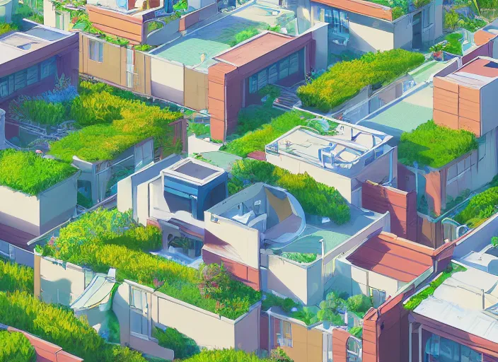 Image similar to digital illustration of idyllic suburban neighborhood with rooftop gardens and sustainable energy initiatives + single family homes : : modern architecture by makoto shinkai, ilya kuvshinov, lois van baarle, rossdraws, basquiat | afrofuturism, in the style of hearthstone, trending on artstation | cool color scheme