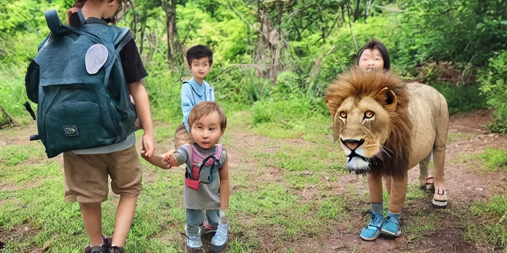 Prompt: a friendly lion and a young boy wearing a backpack, forest, studio ghibli style, realistic figures, symmetrical shapes