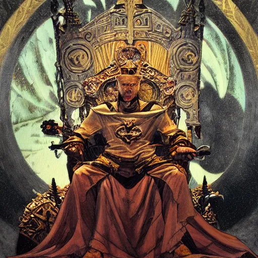 Prompt: painting of an old powerful medieval king driven mad, sitting in his throne room all alone, highly detailed, digital painting, artstation, concept art, tarot card, symmetry, dark fantasy, sharp focus, illustration, art by Joe Madureira and Artgerm and Greg Rutkowski and Alphonse Mucha