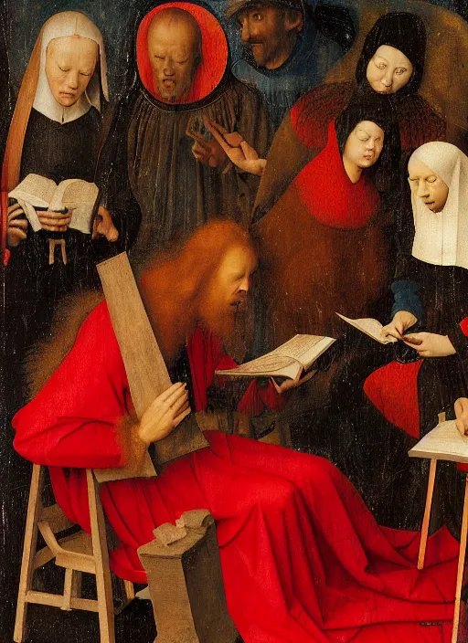 Image similar to fallen angels dressed in red reading the bible and arguing in Tuscany by Jan van Eyck, Hieronymus Bosch, 4k post-processing, highly detailed medieval painting