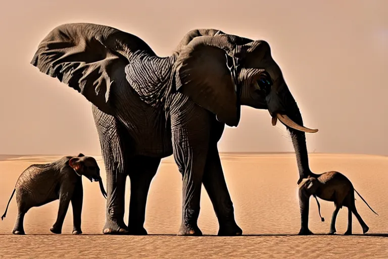 Image similar to an elephant having a conversation with a girrafe, sahara desert