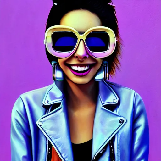 Image similar to closeup painting of a very beautiful young mexican cyberpunk woman with a smile, light blue retro slotted shades on her face, and a purple coloured leather jacket, one side haircut, long brown hair with light blue ends, portrait, sci - fi, hyperdetailed, cgsociety, synthwave by tangerine dream, by jean - michel jarre, by vangelis, by john carpenter