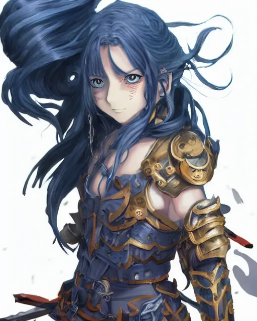 Image similar to An anime portrait of a beautiful D&D half-orc female with long wavy dark blue hair, bright orange eyes, intricate full body armour, fantasy soldier, by Stanley Artgerm Lau, WLOP, Rossdraws, James Jean, Andrei Riabovitchev, Marc Simonetti, and Sakimichan, highly detailed, ultra detailed, golden hour, trending on artstation, cgstudio