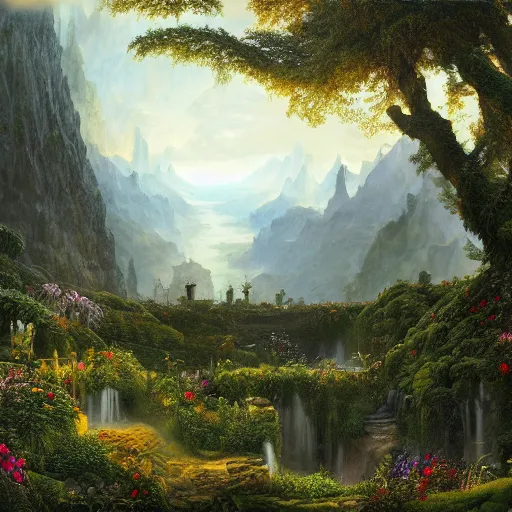 Image similar to a beautiful and highly detailed matte painting of a magical garden deep in the misty mountains, intricate details, epic scale, insanely complex, 8 k, sharp focus, hyperrealism, by caspar friedrich,