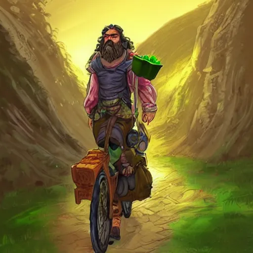 Image similar to a bearded and long haired bicycle food delivery worker with a green bag on his back in ireland, he has boots, hearthstone art style, epic fantasy style art by kim jung gi, fantasy epic digital art