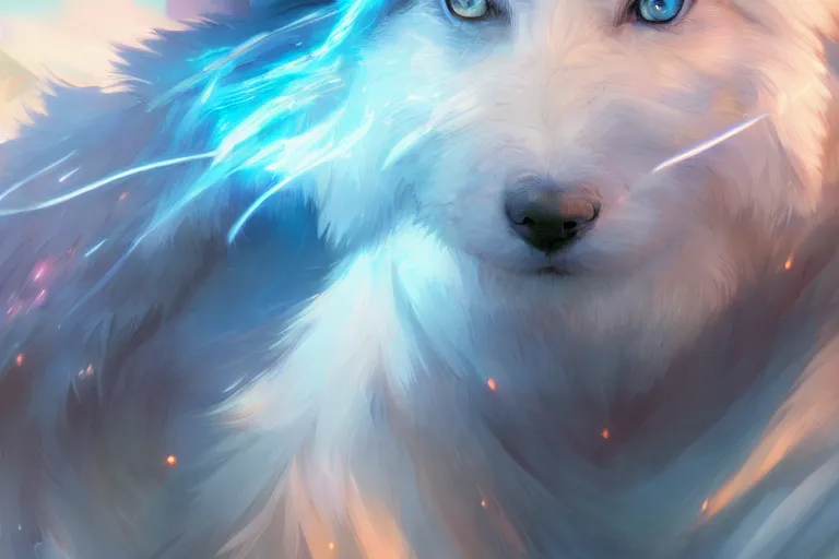 Image similar to blue eyed celestial dog, single subject, scenic full shot, ambient lighting, detailed face, by makoto shinkai, stanley artgerm lau, wlop, rossdraws