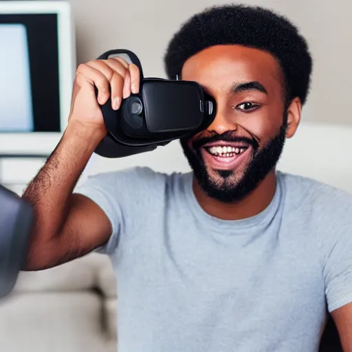 Image similar to A black man with black hair wearing a vr headset, smiling, realistic, ultra HD