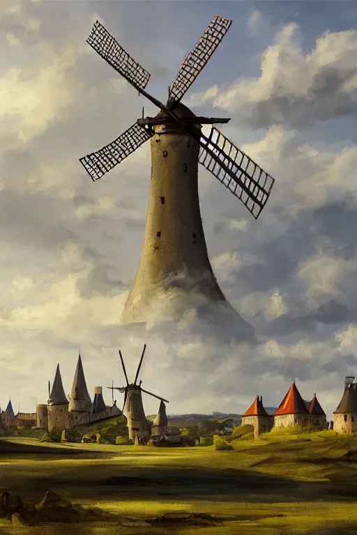 Prompt: very long shot of a windmill, four sails on a windmill, medieval french landscape, carcassonne, city of carcassonne in the background, by stanley artgerm lau, wlop, rossdraws, frank frazetta, andrei riabovitchev, marc simonetti, tranding on artstation