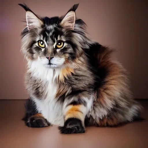 Image similar to very cute huge calico main coon in office, portrait, pixar style, cinematic lighting, award winning creature portrait photography