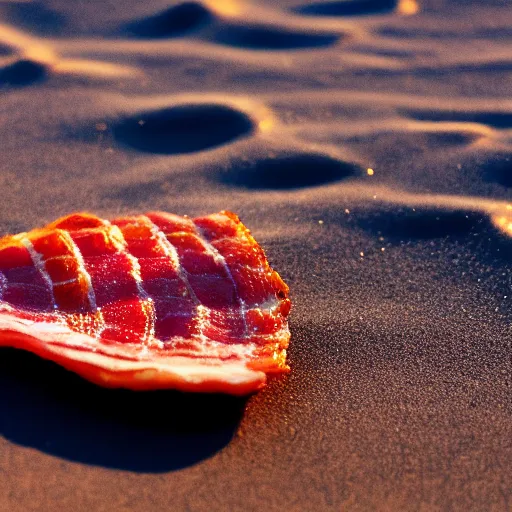 Image similar to a slice of bacon standing on the beach as the sun sets, civil twilight, backlit, photo realistic, 8 k