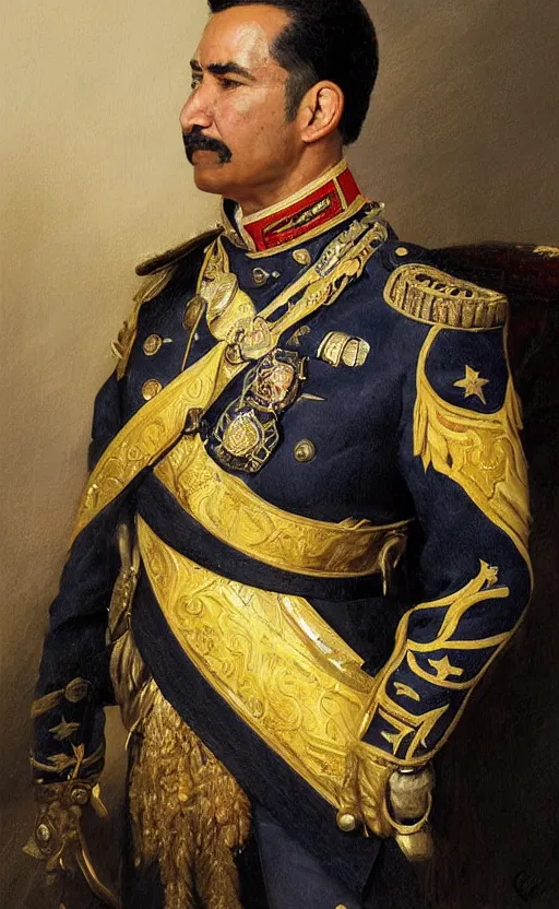 Prompt: official portrait of a hispanic man wearing a ceremonial uniform, male, cheerful, detailed face, 19th century, highly detailed, digital art painting by greg rutkowski