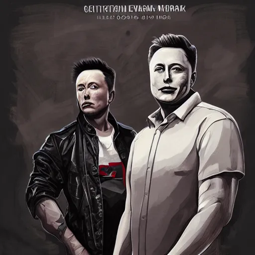 Image similar to !dream Elon musk standing with Giga chad , digital art , trending on artstation , Hyperdetailed , CGSociety