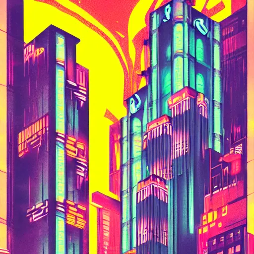 Image similar to art deco style poster of a cyberpunk city that has neon light streets, shimmering rain, and tall buildings up into the dark clouds