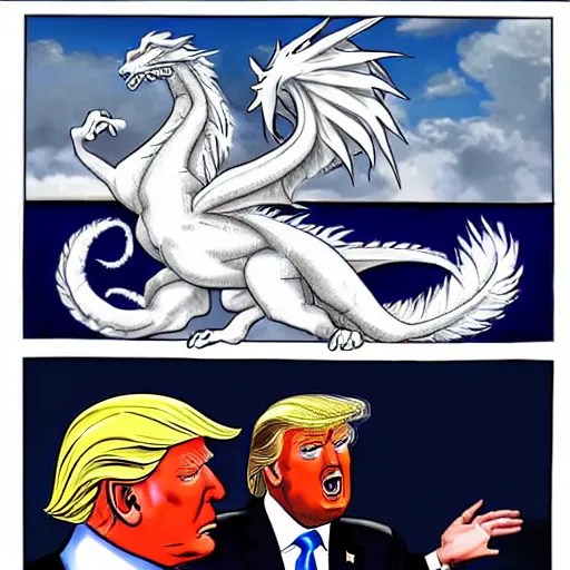 Prompt: Donald Trump Summons the Blue Eyes White Dragon in attack move