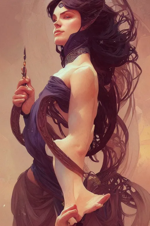 Image similar to the female mage, deep focus, intricate, elegant, highly detailed, digital painting, artstation, concept art, matte, sharp focus, illustration, art by artgerm and greg rutkowski and alphonse mucha