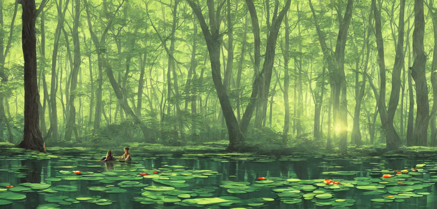 Image similar to a forest atmosphere floating on a large lily pad, photoillustration ink drawing acrylic art digital illustration oil on canvas photorealistic polished sci - fi filmic stock photo landscape polished photorealistic, by moebius and edward hopper, vivid bright light, colorful flat surreal design, hd, 4 k, artstation